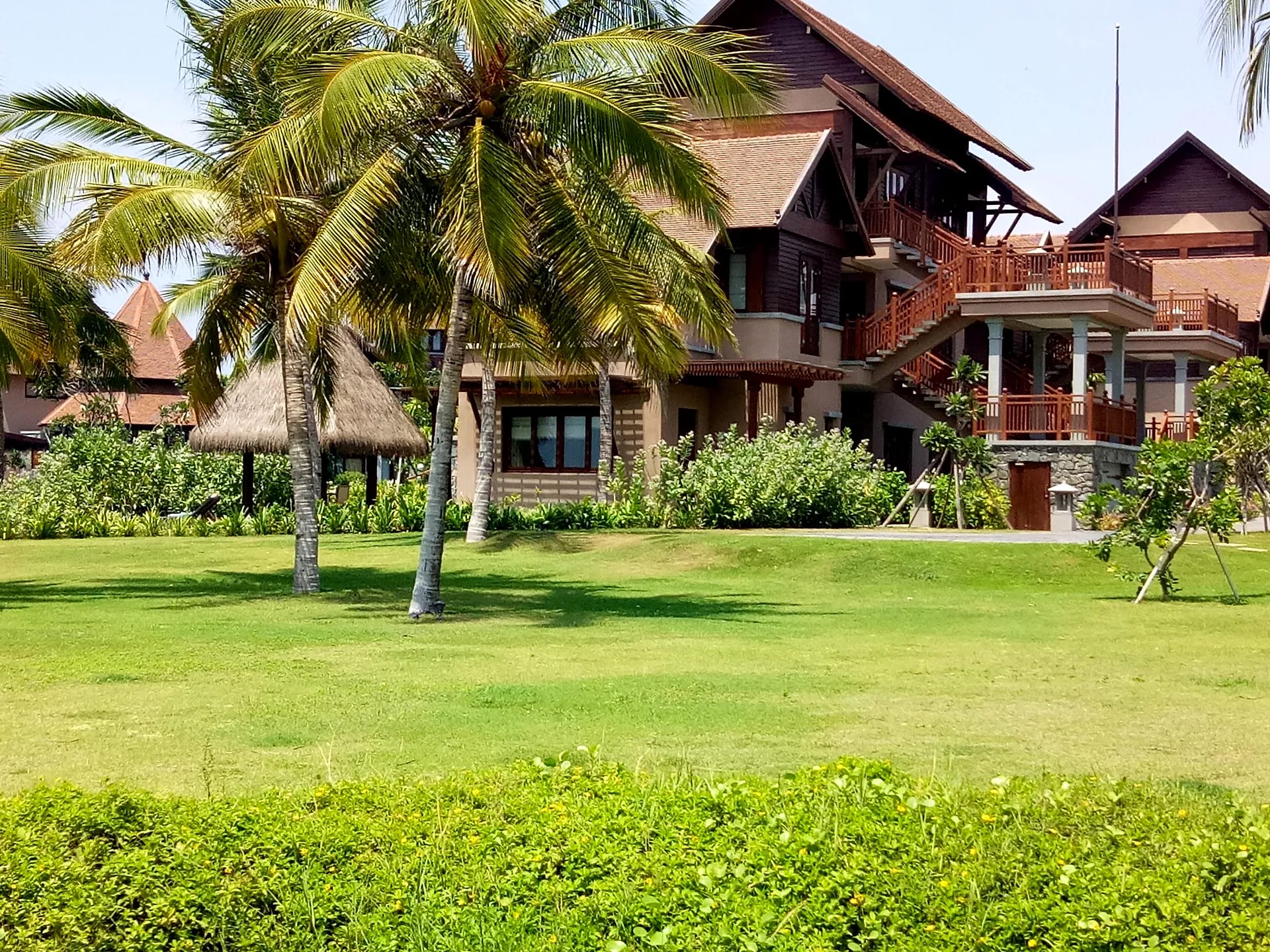 Coconut palms and open lawn fronting the villas at Hotel Anantaya
